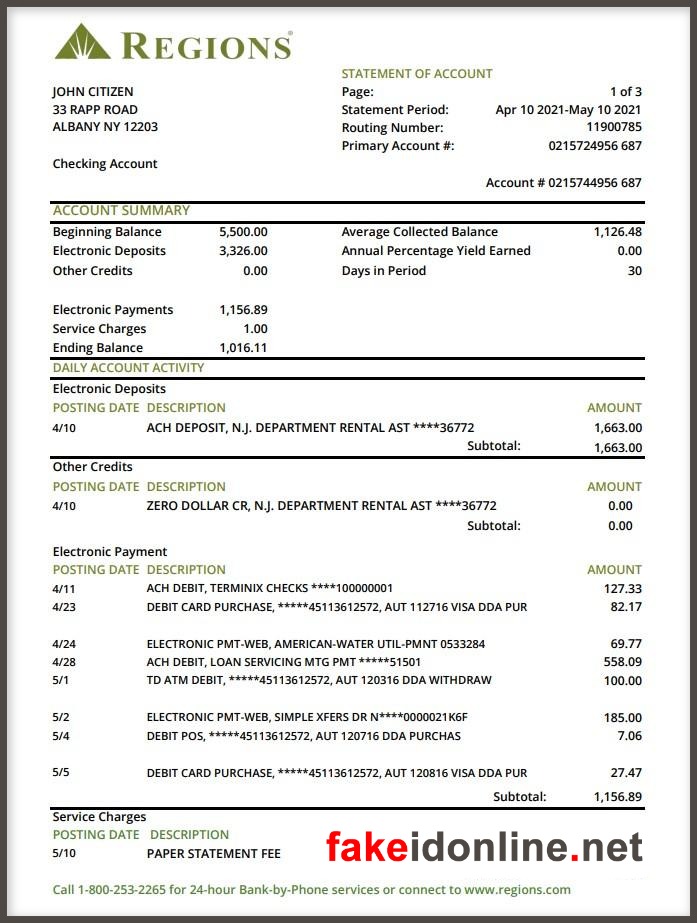 Regions Editable Word Bank Statement